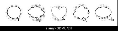 A set of five white speech bubbles and clouds of thoughts in different shapes for comics, conversations, and idea presentations. Stock Vector