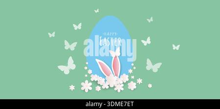 Happy Easter banner with rabbit ears, flowers and a butterfly on a green background with a blue egg. Stock Vector