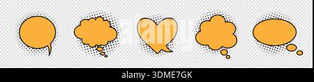 A set of five orange speech bubbles and clouds of thoughts in different shapes for comics, conversations, and idea presentations. Stock Vector