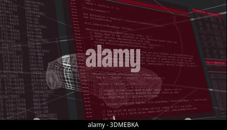 Displaying wireframe car model overlaying red code editor in software UI, showing logs and grid Stock Photo