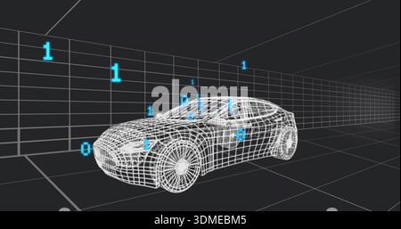 Displaying wireframe sedan with mesh wheels in digital grid tunnel, floating cyan binary digits Stock Photo