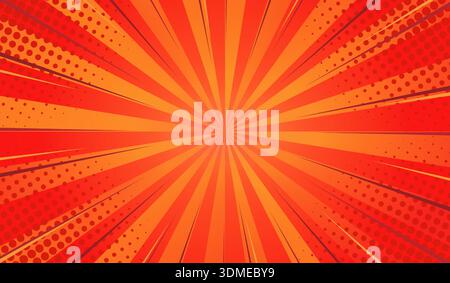 Comic book background. Modern orange and red creative pop art background with halftones and radial rays. Stock Vector