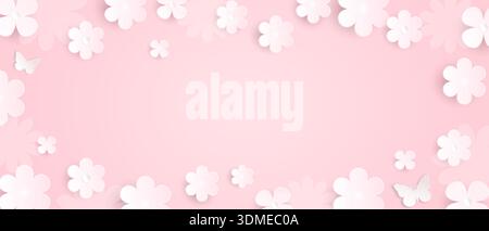 A delicate floral background for spring and summer designs. A banner with white paper flowers on a pink background. Stock Vector