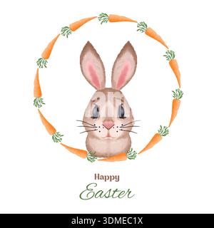 Hand-painted watercolor Easter bunny illustration holding fresh carrots, featuring soft pastel tones and charming brush textures. Cute and festive com Stock Photo