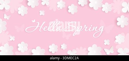 Spring flower background. Minimalist banner template with flowers on a pink background. Stock Vector