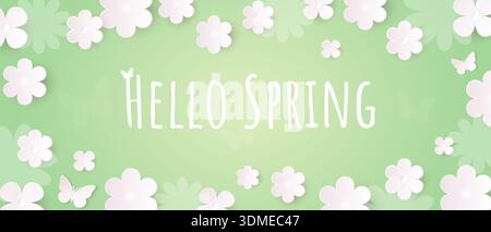 Spring flower background. Natural design with cute colors on a green background with text. Stock Vector