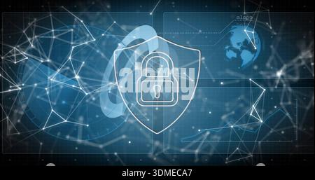 Glowing centered shield icon hovering over digital dashboard, showing padlock, globe, network mesh Stock Photo