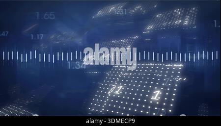 Floating dot-matrix panel showing numeric overlays in digital GUI, waveform, LED dots, motion blur Stock Photo