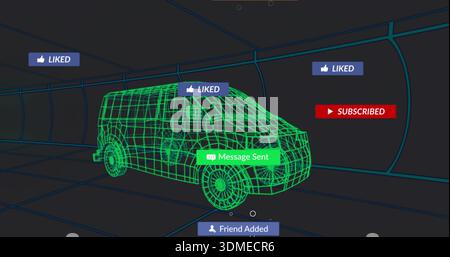 Displaying neon-green wireframe van driving in virtual tunnel with teal grid, showing LIKED badges Stock Photo