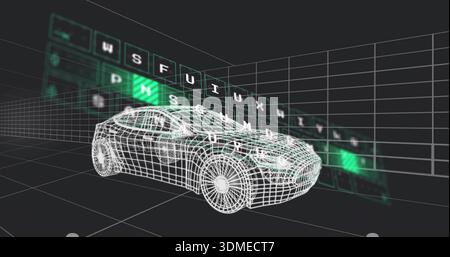 Rendering white wireframe sedan model rotating on perspective grid, with glowing keyboard panel Stock Photo