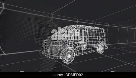 Rotating wireframe compact van model on tiled floor grid in curved tunnel studio, with data nodes Stock Photo