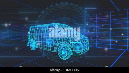 Rendering cyan blue wireframe van model rotating in virtual CAD environment, showing HUD overlays Stock Photo