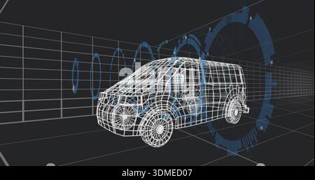 Displaying wireframe compact van model rotating in virtual studio, with blue HUD rings and grid Stock Photo