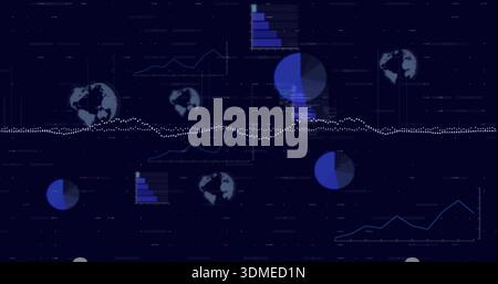 Displaying horizontal dotted waveform across navy HUD center, linking pie, bar, line charts, globes Stock Photo