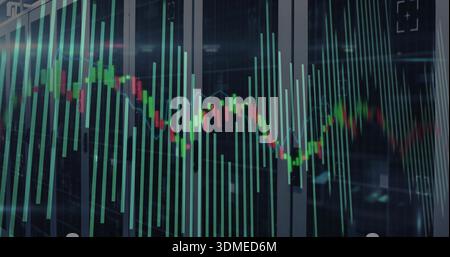 Displaying centered financial chart overlay in server room, showing candles, green bars, blue line Stock Photo