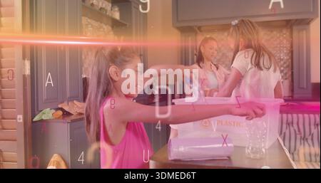Reaching child in bright pink tank top placing plastic bottle on kitchen island, with PLASTIC bin Stock Photo
