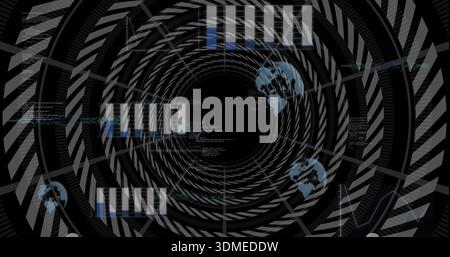 Displaying central chevron tunnel rotating toward black void in HUD, with blue graphs and globe Stock Photo