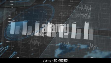 Showing centered translucent vertical data bars on dashboard, with blue trend line and ECG traces Stock Photo