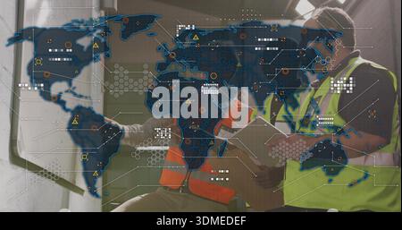 Examining plans, three men in hi-vis vests holding helmet and tablet at work site, map overlay Stock Photo
