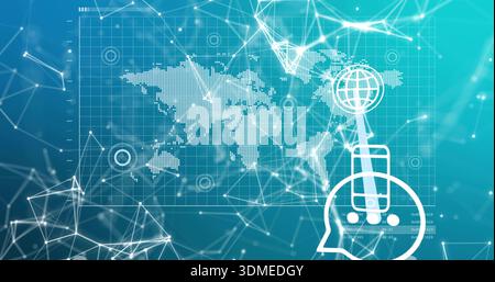 Displaying digital network visualization spanning dotted world map grid with glowing nodes Stock Photo