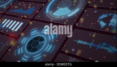 Displaying gear-shaped circular HUD glowing on dark gridded dashboard, with radar, waveform, globe Stock Photo