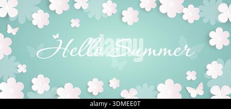 Summer floral background. Minimalist banner template with flowers on a green background. Stock Vector