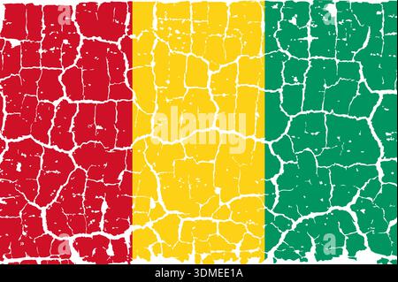 Illustration of the national flag of Guinea painted on a cracked wall. Grunge distressed style background with official Guinean red, yellow, and green colors. Stock Vector