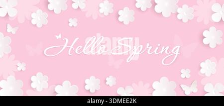 Spring flower background. Minimalist banner template with flowers on a pink background. Natural design with cute flowers. Vector EPS 10. Stock Vector