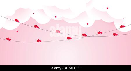 Valentines greeting card clipart poster set. Happy Valentines day greeting card with love papercut hearts sitting on rope Stock Vector