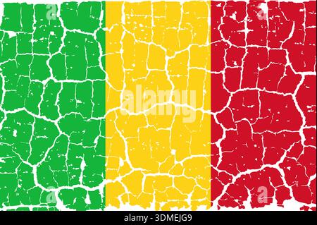 Illustration of the national flag of Mali painted on a cracked wall. Grunge distressed style background with official Malian green, gold, and red colors. Stock Vector