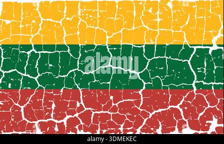 Illustration of the national flag of Lithuania painted on a cracked wall. Grunge distressed style background with official Lithuanian yellow, green, and red colors. Stock Vector