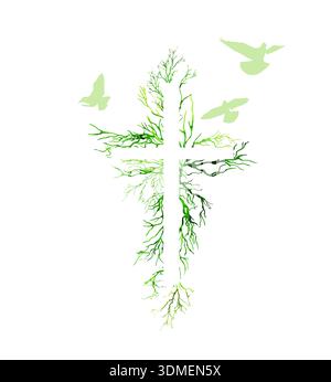 Religious cross made from tree branches with flying birds. Hand drawn. Not AI, vector illustration Stock Vector