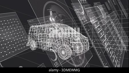 Displaying wireframe SUV model rotating in virtual CAD workspace, with translucent UI overlays Stock Photo