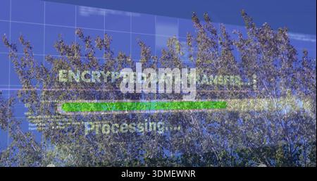 Displaying overlay showing ENCRYPTED DATA TRANSFER text and green bar over park treetops Stock Photo