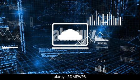 Floating white cloud icon inside laptop outline over glowing 3D grid, showing bar charts and code Stock Photo