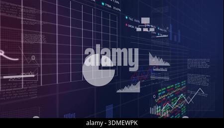 Displaying digital analytics dashboard on dark gradient, showing grid, pie, line and bar charts Stock Photo