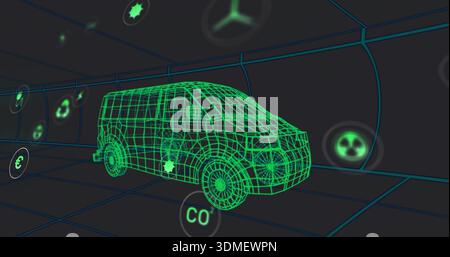 Rendering neon-green wireframe van on cyan tiled grid floor with curved grid walls, floating icons Stock Photo