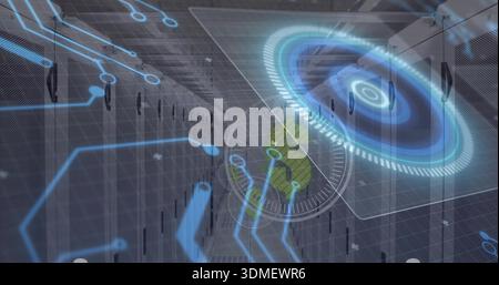 Displaying hologram HUD with green fingerprint at right in server room, showing vented racks Stock Photo