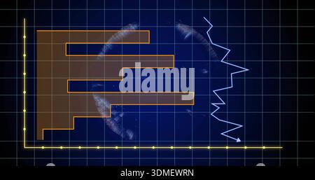 Showing orange-brown stacked bars, blue zigzag line, yellow markers, wireframe globe on dark grid Stock Photo