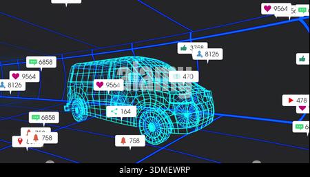 Displaying cyan-blue wireframe van model rotating in dark grid, with floating icon bubbles Stock Photo