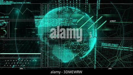 Projecting holographic 3D globe in HUD, showing panels, grid lines, waveform, numeric 1957 Stock Photo