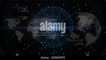 Displaying dotted world map with central circular HUD over virtual grid tunnel, showing digits Stock Photo
