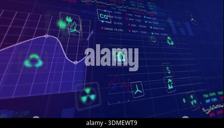 Displaying digital dashboard interface on dark blue grid, showing white curved graph and neon icons Stock Photo