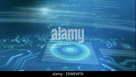 Projecting central hologram HUD displaying glass data panel over schematic grid, with floating code Stock Photo