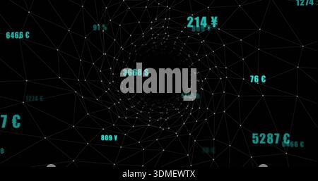 Displaying central wireframe tunnel receding into black void in virtual data, with currency labels Stock Photo
