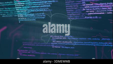 Streaming skull emblem hovering on digital display, overlaying code, HUD rings, neon glitches Stock Photo