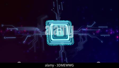 Glowing teal microchip module sending circuit traces across dark purple field, with padlock icon Stock Photo