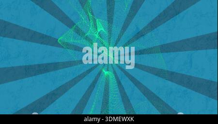 Twisting teal-green particle ribbon curling down in graphic background, with radial teal stripes Stock Photo
