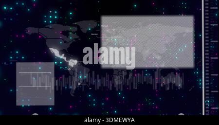 Displaying world map highlighting Americas on digital UI, showing panels, waveform, data nodes Stock Photo