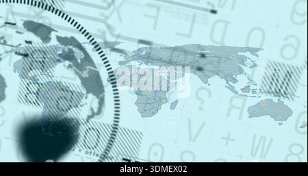 Displaying flattened world map on control screen, showing globe, HUD, gridlines, icons, markers Stock Photo